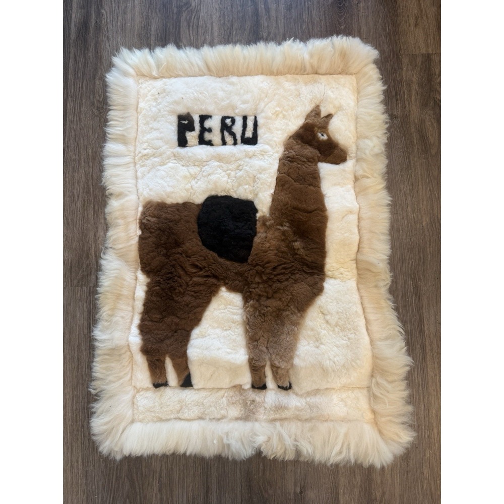 Handmade Peruvian Alpaca Fur Pelt Rug Wall Hanging Soft Brown Cream Llama Peru